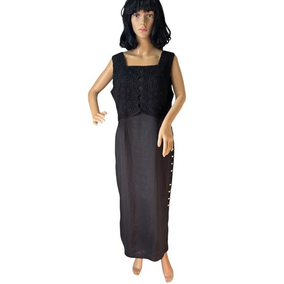 Vintage Cali Cali black Linen Crochet Sleeveless Maxi Dress button size 14 P - Picture 2 of 13